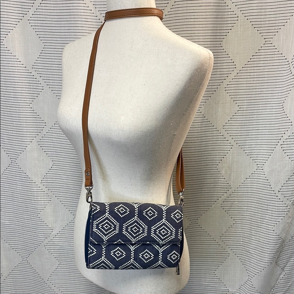Thirty-One Blue and White Geometric Crossbody Bag